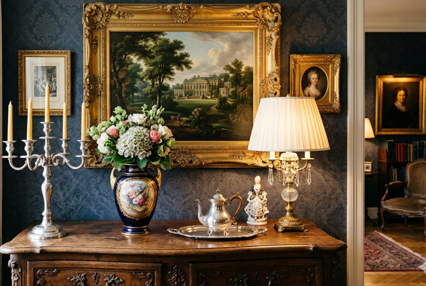 Fine art, silver, and antique furnishings staged inside a home